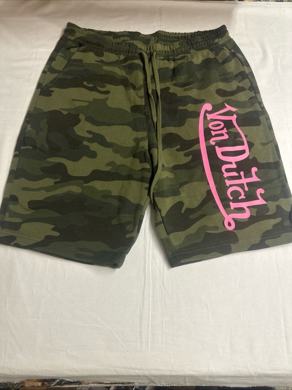 Von Dutch Green Camo Shorts with Pink Logo